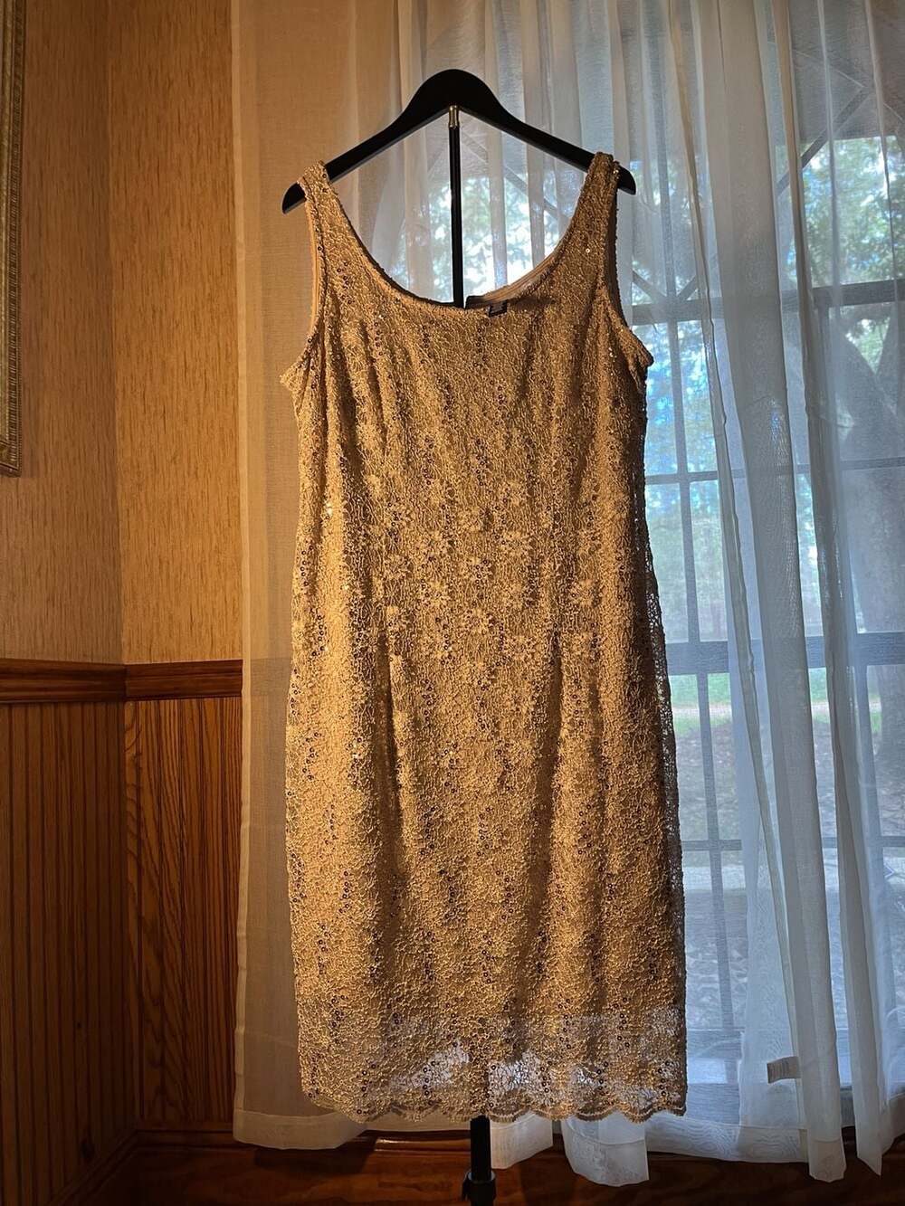 R&M Richards Sequin Lace Dress Size 16 Gold